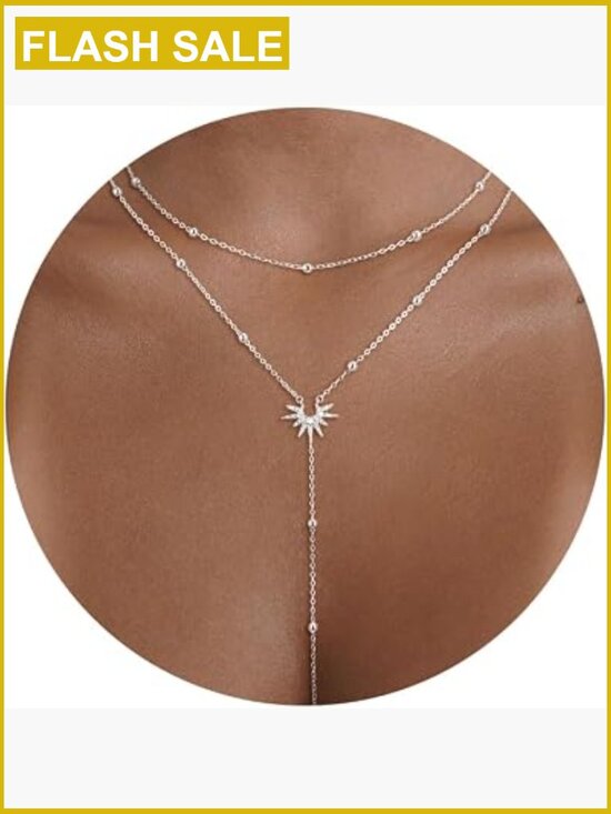Jewelry - Dainty Y-Shaped Sun Pendant Lariat Necklace, 14k Gold Plated